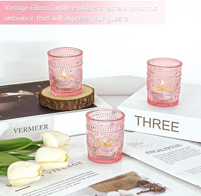 24 Pcs Pink Glass Votive Candle Holders, Tealight Candle Holders for Table Centerpieces, Vintage Candle Holder Bulk, Boho Wedding, Valentine's Day Table Decor (Pink)
