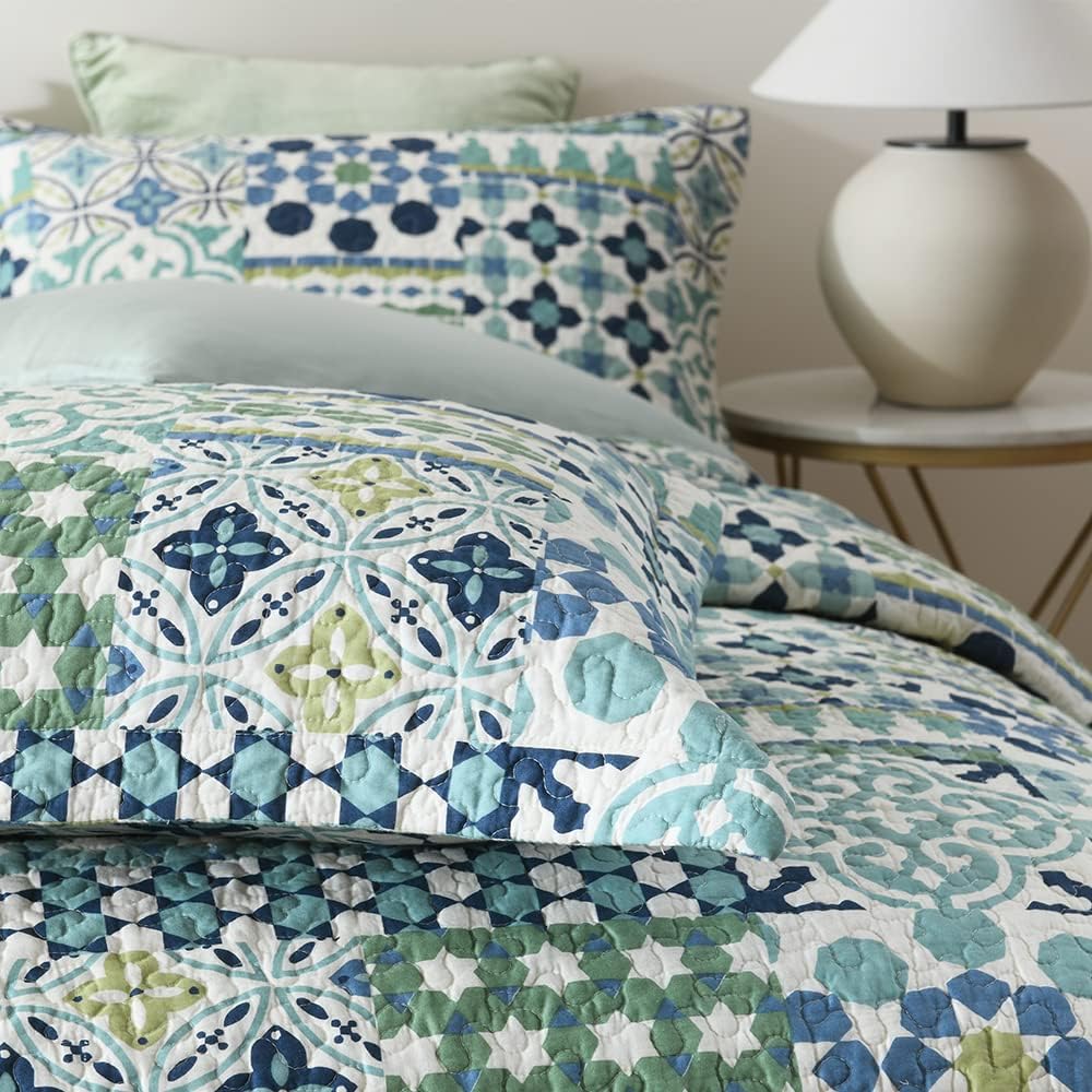 Cotton Bedspread Quilt Sets Reversible Coverlet Sets Comforters Vintage Bohemian Patchwork Bedspread (Green, Queen Size)
