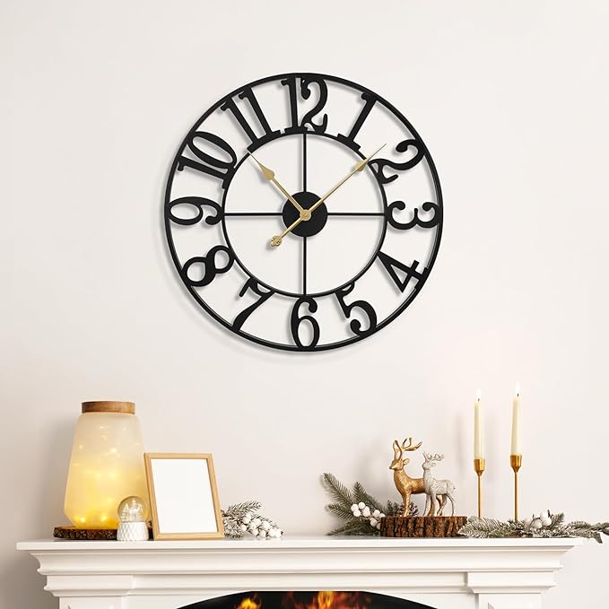 LEIKE Large Wall Clocks,Silent,Non Ticking,Battery Operated Small Vintage Round Modern Metal Wall Clock for Living Room, Bedroom,Kitchen,Farmhouse,Office Decor-13.5 Inch(Black-Arabic Number)