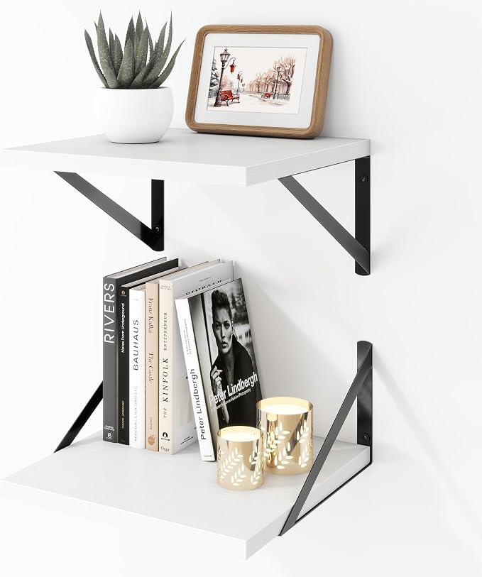 Acovy Deep Floating Shelves Wall Mounted, 12"x12" White Wall Shelves with Brackets Set of 2 for Bedroom, Living Room, Bathroom, Kitchen, Office - Storage & Display Shelf for Decor, Books, Plants