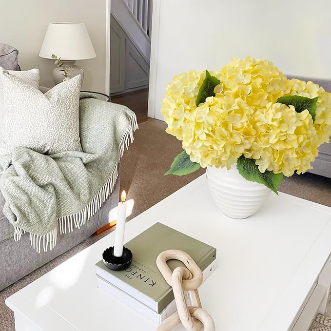 JINWOE Yellow Fake Hydrangea Flower Heads with Stems, 5Pcs 20Inch Full Fake Flowers for Wedding Home Garden Indoor Bouquet Table Centerpieces Floral Arrangements