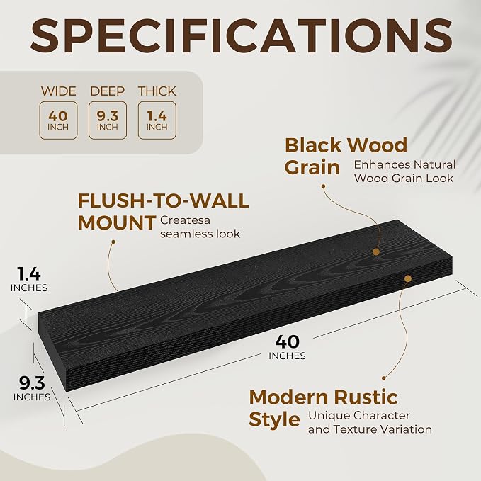 Dreamland 40Inch Black Floating Shelves 9.3" Deep Wall Mounted Set of 2 | Wall shelves for bathroom, bedroom, Living Room, kitchen, deep wall mount wood storage display for home decor 40" x 9.3"