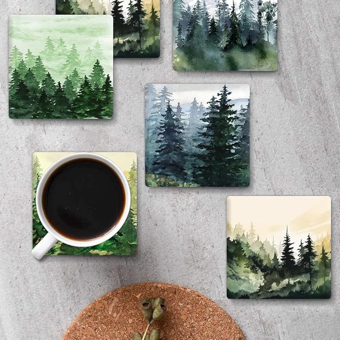Drink Coasters for Drinks Set of 6, Watercolor Landscape Pine Forest Absorbent Square Ceramic Stone Mat Coaster, with Cork Base and Metal Holder, Home Bar Decor House Warming Gift