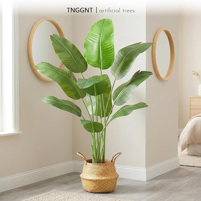 Artificial Bird of Paradise Plant：5FT Fake Traveler’s Palm Faux Banana Tree Elephant Ear Leaf Tall Silk Floor Plant in White Pot for Home Decor Indoor Office Entryway Balcony Patio café Hotel