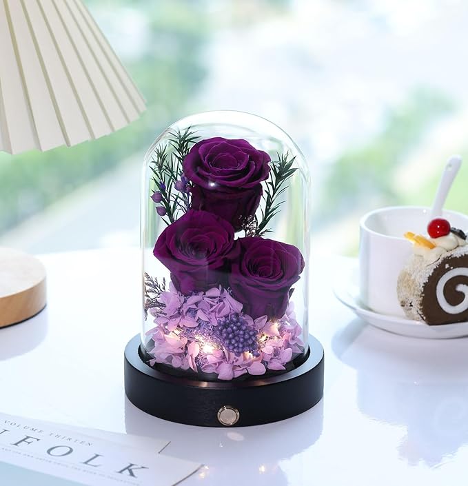 Flowers Gifts for Women, Preserved Roses in Glass Dome, Forever Flowers for Delivery Mothers Day Birthday Gifts for Mom Her Wife Girlfriend on Valentines Day Anniversary Purple