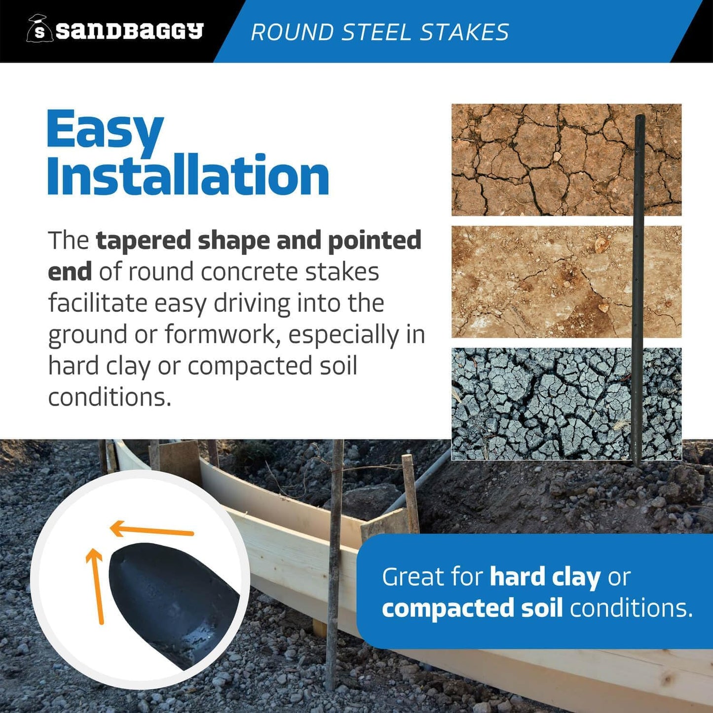 Sandbaggy Round Steel Concrete Form Stakes with Nail Holes - Rust Resistant Coating - Removable, Reusable (200, 3/4 in X 24 in)