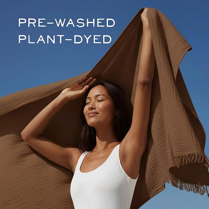 KyraHome 100% Organic Cotton Muslin Blanket, 60"x80" Large Pre-Washed Plant Dyed Lightweight Breathable Soft Gauze Summer Throw Blankets for Adults, All Season (Brown)