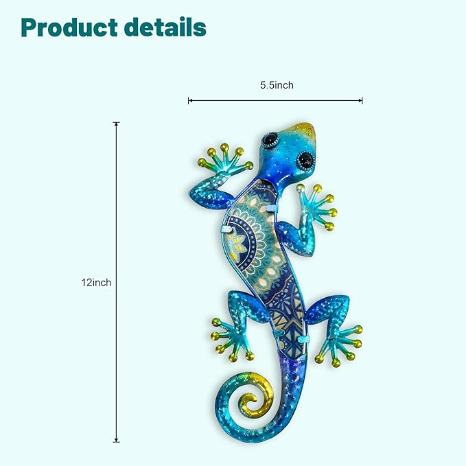 HONGLAND Metal Gecko Wall Art 2Pcs Outdoor Wall Decor 12 Inch Lizard Metal Hanging Wall Decoration Glass Sculpture for Garden Yard Patio Fence Home (Boho Blue)