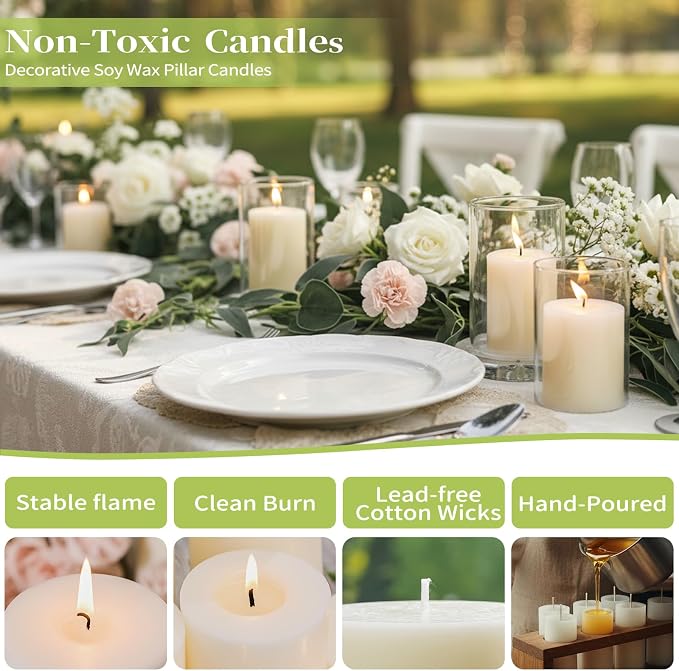 12 Pack Soy Pillar Candles-2x3 in White Unscented Pillars-324 Hour Long Clean Burning,Non-Toxic Dripless & Smokeless-Natural Soy Wax Candles for Wedding, Parties,Home Decor, Prayer and Emergency