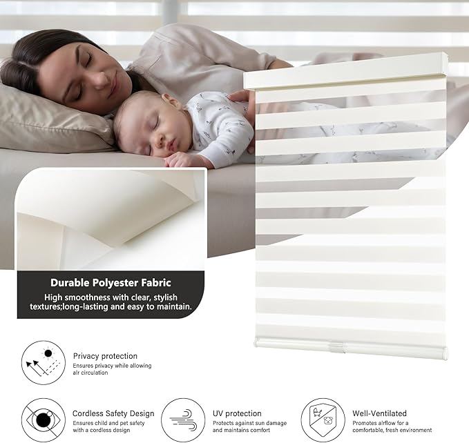 AOSKY Cordless Zebra Blinds for Windows Pull Down Roller Window Shades Dual Layer Light Filtering Privacy for Day and Night, Free-Stop Door Shades for Home Easy to Install (30" W X 72" H, Beige)