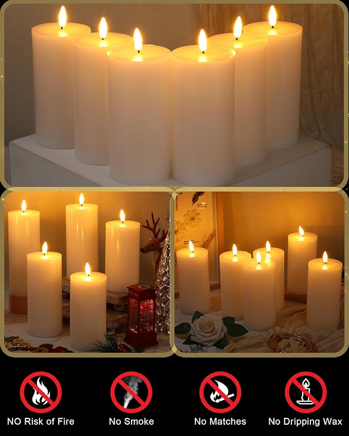 VIHOSE 6 Pack White Flameless Candles Set with Remote and Timer Flickering Flameless Battery Candles Flat Top LED Pillar for Wedding Outdoor Home Festival Decoration(D 3" H 6" 7" 8")