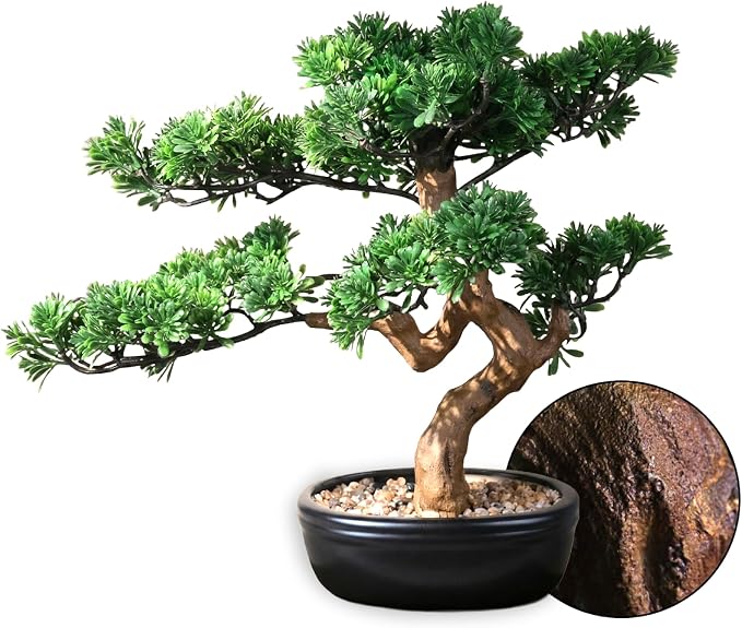 Artificial Bonsai Tree 16" Tall with Realistic Wood and Ceramic Pot, Fake Plants for Home, Bedroom and Office Desk, Japanese Decor