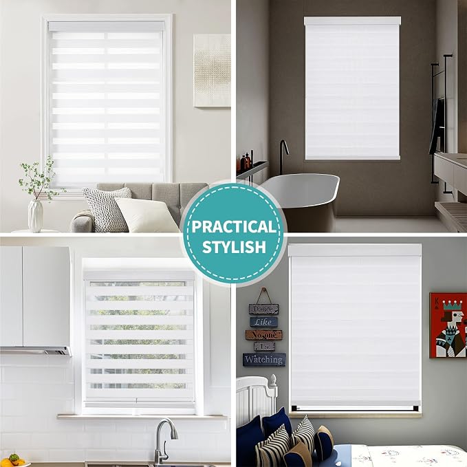 Joydeco Cordless Zebra Blinds (Pro), Dual Layer Light Control Zebra Blinds for Windows, Light-Proof Aluminum Cover, Free-Stop Roller Shades for Home & Office (White,33" W x 75" H)
