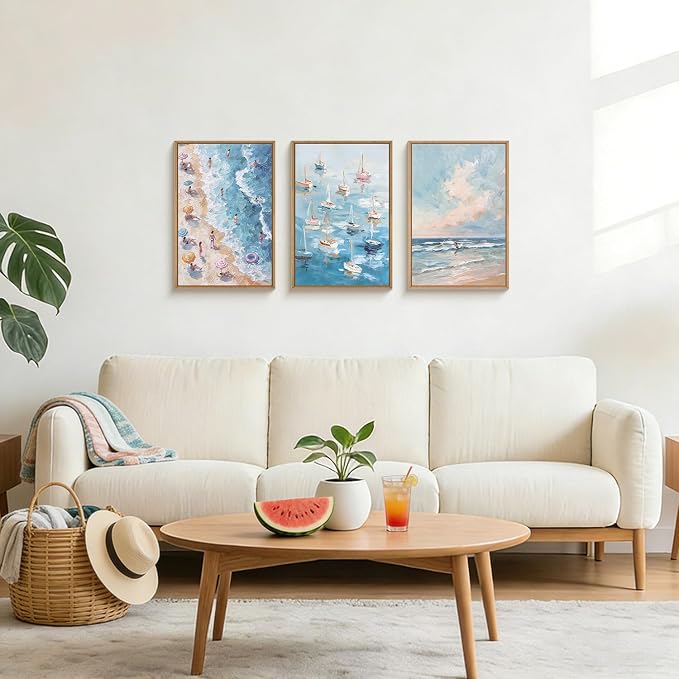 LHIUEM Coastal Beach Framed Canvas Wall Art,Modern Summer Ocean Wall Decor,Natural Seascape Painting,Mediterranean Boat Blue Artwork for Living Room,Bedroom,Dining Room -16"x24"x3