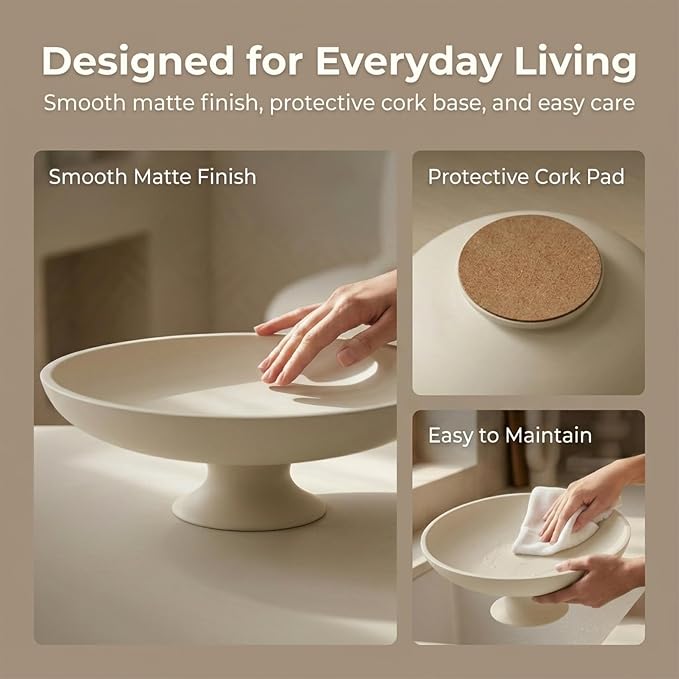 Cream Concrete Decorative Fruit Bowl, 11.45" Large Modern Pedestal Bowl for Kitchen Counter, Coffee Table, Entryway Table, Centerpiece Catch All Key Bowl