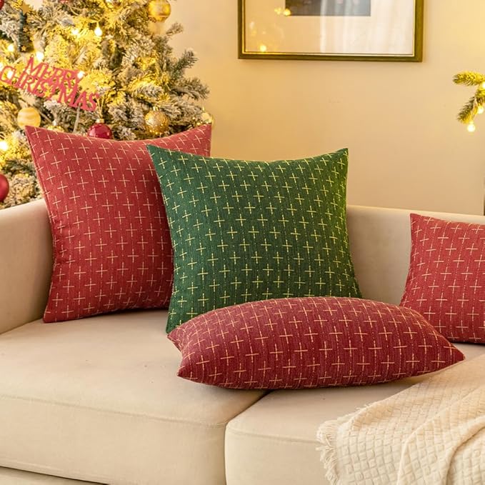 MIULEE Pack of 2 Christmas Decorative Burlap Linen Throw Pillow Covers Modern Farmhouse Pillowcase Rustic Woven Textured Cushion Cover for Sofa Couch Bed 20x20 Inch Christmas Green