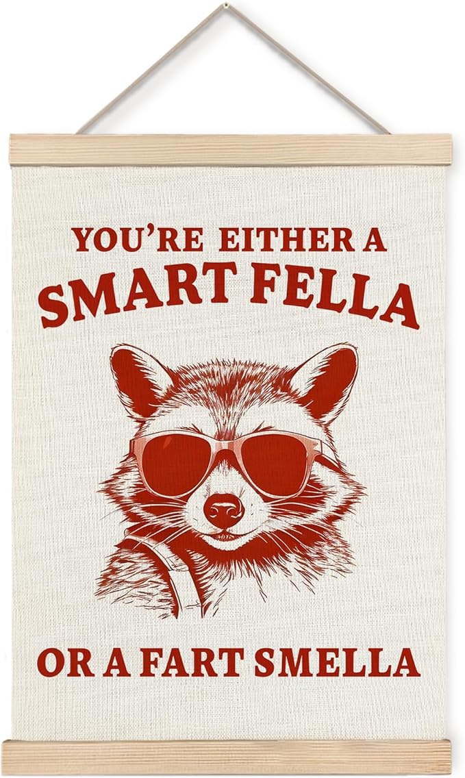 Foritho Funny Raccoon Meme Wall Art Poster Framed, Retro Sarcastic Trash Panda Are You A Smart Fella Or Fart Smella Canvas Prints Wall Decor for Home Bathroom Restroom Man Cave Teen Room, 12x16 Inch