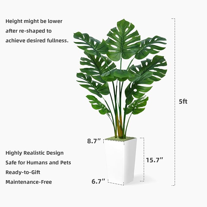ASTIDY Artificial Monstera Deliciosa Plant 5FT - Faux Tropical Palm Tree with Gray Tall Planter - Fake Swiss Cheese Floor Plant Potted - Artificial Tree for Home Office Living Room Decor Indoor