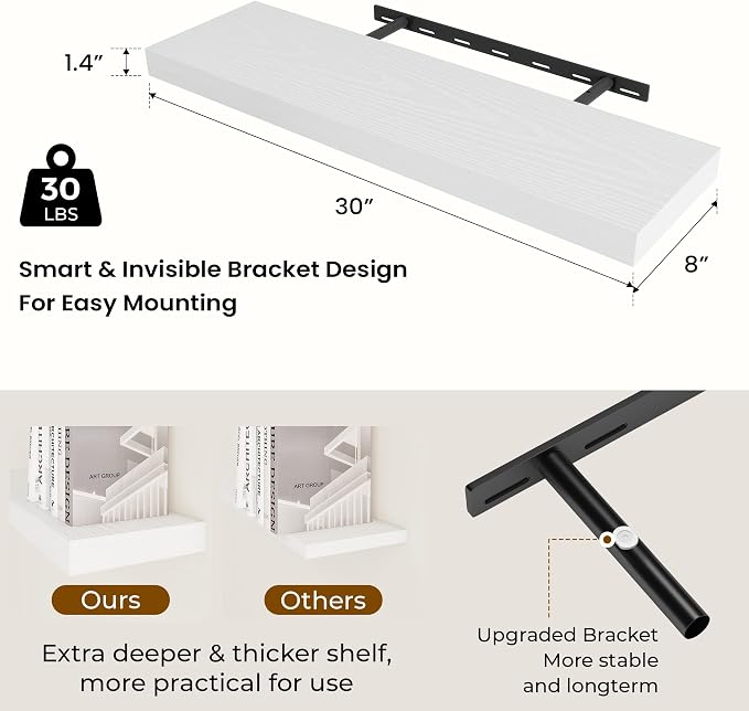 Dreamland 30Inch White Floating Shelves 8" Deep Wall Mounted Set of 2 | Wall shelves for bathroom, bedroom, Living Room, kitchen, deep wall mount wood storage display for home decor 30" x 8"