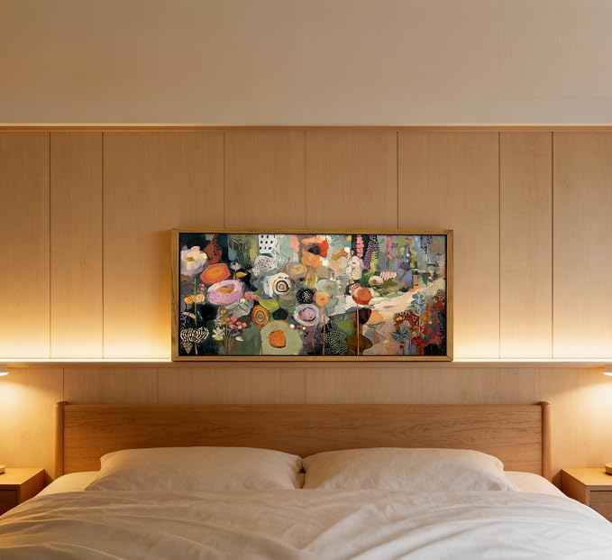 Wooden Framed Colorful Flower Wall Art,Abstract Botanical Canvas Print,Long floral landscape Picture Poster,Vintage Watercolor Floral Painting Artwork for Bedroom Living Room Office