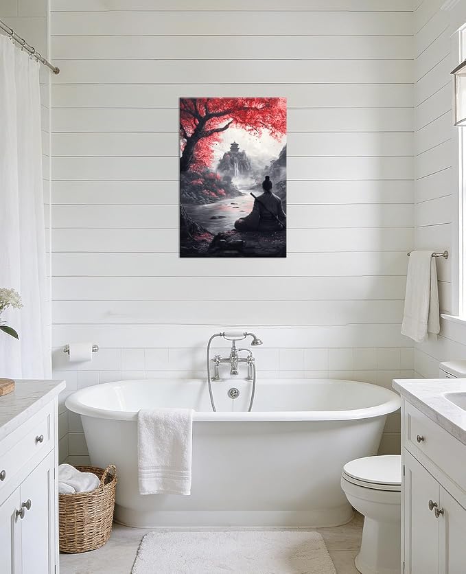 KPLUNDO Large Japanese Canvas Wall Art Samurai Warrior Picture Red Tree Landscape Paintings Prints Asian Artwork for Living Room Bathroom Home Office Decoration, 28x42 inch