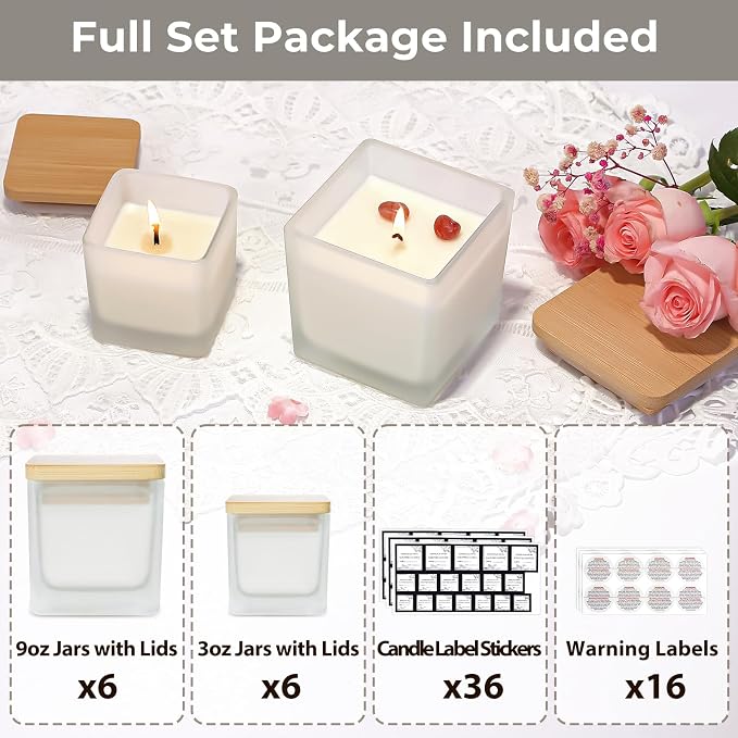 CONNOO 12 Pack 9oz, 3oz Frosted Square Candle Jars for Making Candles, Thick Glass Bulk Empty Candle Containers with Airtight Bamboo Lids for Candle Making, Sticky Warning Labels - Dishwasher Safe