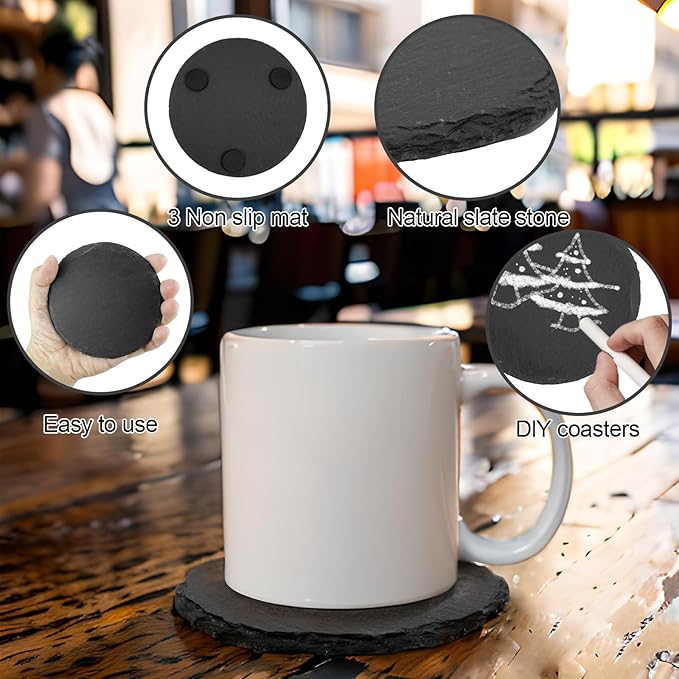 24 Pieces Slate Coasters. Dhfsleo 4 inch Black Coasters Stone Coaster Set,Laser Engraving Blanks with Anti-Scratch Bottom, Perfect for use in Your Home, Office, Kitchen,bar or Anywhere.Round