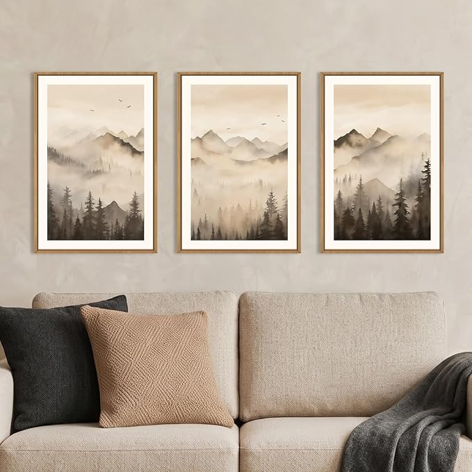 Nature Misty Forest Framed Canvas Wall Art Set, Foggy Landscape Wall Decor, Watercolor Pine Tree Wall Painting, Large Mountains Art Print for Living Room, Bedroom, Office - 16"X24"X3