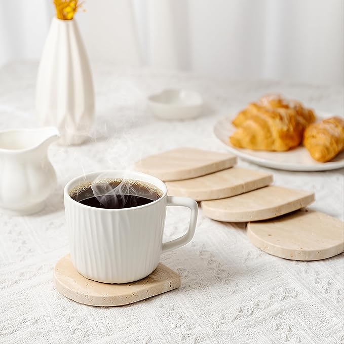 Marble Coaster for Drinks Set of 5 Natural Travertine Coasters for Home Decor Coffee Table, Modern Style Stone Cup Mat for Housewarming Party Hotel Bar Christmas Anniversary Present Beige(DL020)