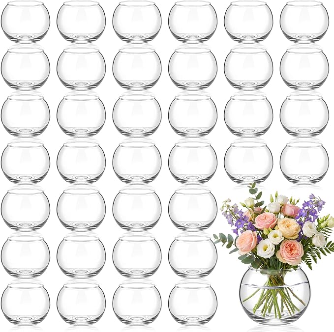 Zopeal 36 Pcs Glass Bubble Bowl Vase Bulk, Clear Round Glass Centerpiece Bowls for Wedding Table Decor, Fish Flower Bud Vase Terrarium for Event Party DIY (3.5" h X 3.94" w)
