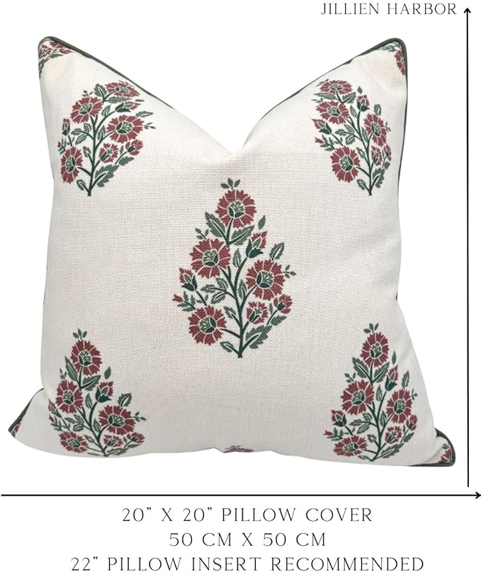 Jillien Harbor “The Sutton” Burgundy & Deep Green Floral Block Print Pillow Cover – Off-White Decorative Festive Throw Pillow Cover – Grandmillennial Home Decor, 20" x 20"