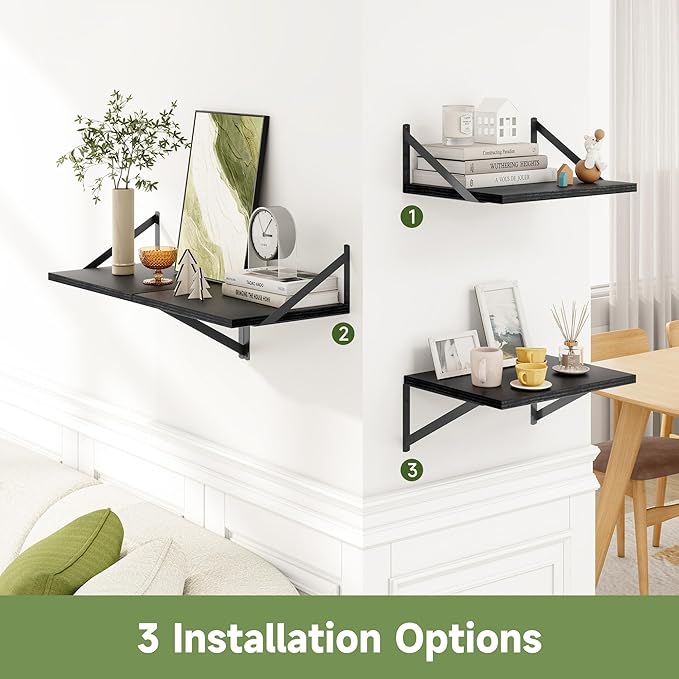Heimlove 16W x 12D Wall Shelves, 12 Inch Deep Floating Shelves for Wall Set of 4, Wide Heavy Duty Shelves, Black Floating Shelves for Living Room Bedroom Bathroom Kitchen