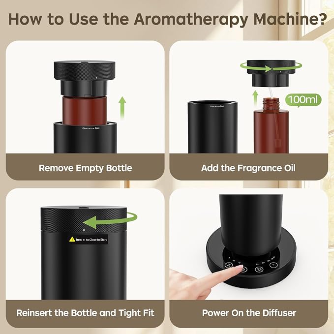 Waterless Scent Diffuser Kit with Lights -Max 1000 Sq Ft Coverage, Essential Oil Diffuser for Home,Hotels,Offices,Spas,Aromatherapy Diffuser Large Room, Included 108ml Scent Oils, Black, 10.6In