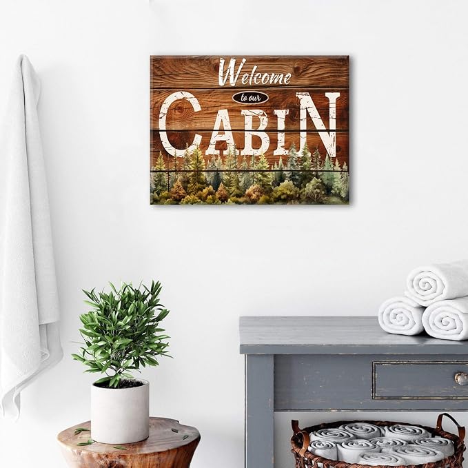 Rustic Farmhouse Cabin Wall Art Living Room Welcome Sign Pictures Bedroom Wall Decor Nature Pine Trees Forest Brown Woodsy Grain Canvas Prints Lodge Woodland Painting Nursery Home Decoration 12x16in