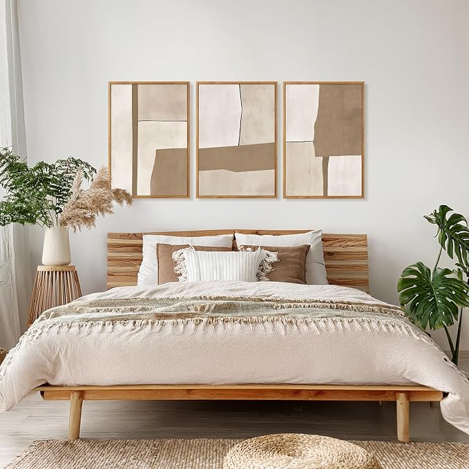 HOURIA 3Pcs Framed Boho Abstract Geometric Canvas Wall Art (16"x24"), Vintage Mid Century Modern Earth Tone Wall Decor, Minimalist Neutral Illustration Art Print for Office Living Room Bedroom