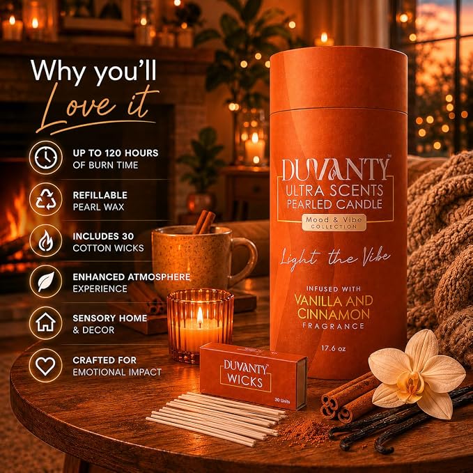Vanilla and Cinnamon Blend – Refillable Pearled Candles Sand and Wicks, 17.6oz Sand Candle for Home Decor, Long Lasting Aroma up to 120 Hours | Warm Spiced Scent to Light the Vibe