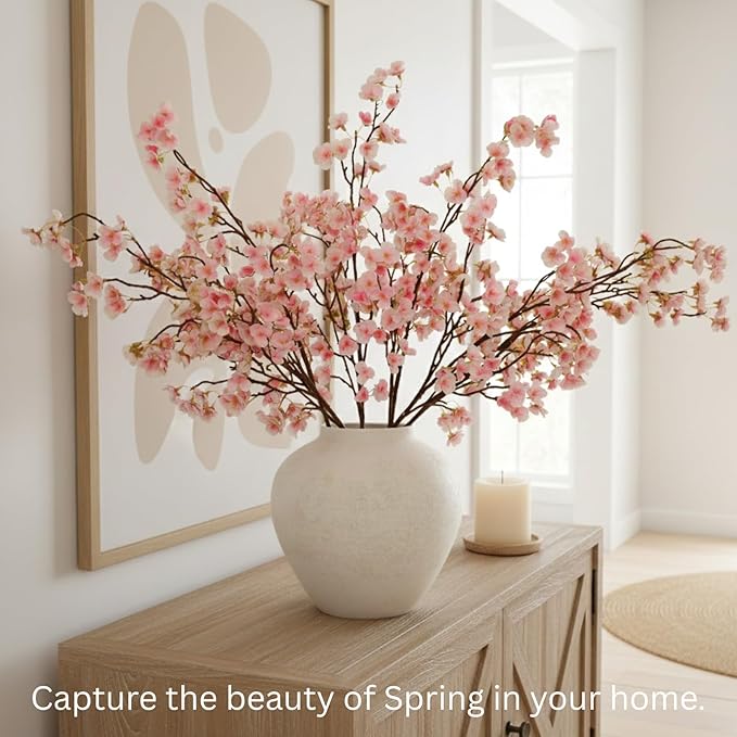 Pink Cherry Blossom Branches – 6 Pcs 33.5" Long Stem Artificial Flowers for Tall Vase, Faux Silk Spring Decorations for Home, Realistic Fake Pink Flowers for Bedroom & Wedding Centerpiece Decor