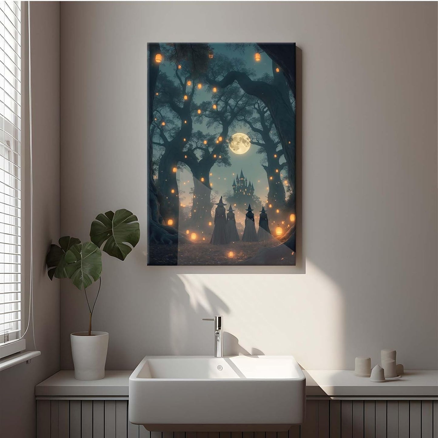 JFHCQJPK Mysterious creek painting witch and castle in magic forest art print canvas gothic print dark college decoration poster for home bedroom24x36in Frameless