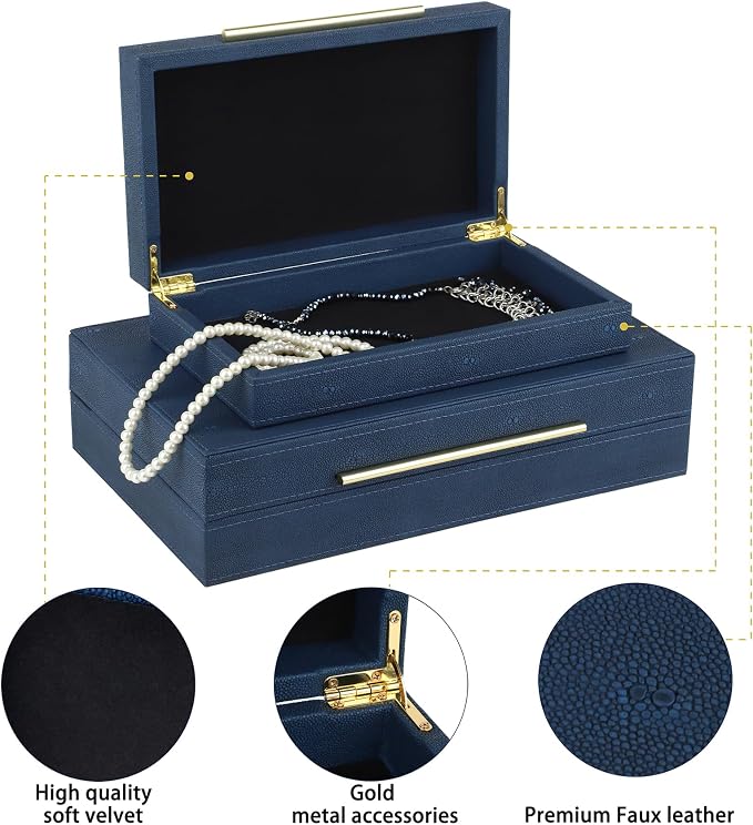 HofferRuffer Faux Leather Decorative Boxes Set of 2, Large Nesting Keepsake Box Accessory Organizer Jewelry Organizer with Hinged Lid, Stacking Storage Box Container for Home or Office (Navy Blue)