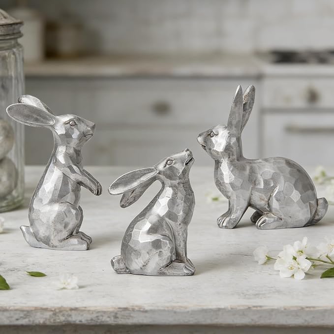 DN DECONATION Easter Bunny Figurines, Small Decorative Bunny Statue Set of 3, Easter Resin Rabbit for Vintage Tabletop Decor Home Spring Decoration Gift, Antique Silver Sculptures Decor