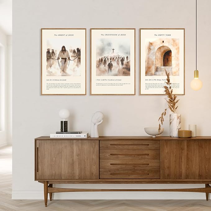SIKERIC Christian Bible Verse Framed Canvas Wall Art Set, The Arrest of Jesus, The Crucifixion, Empty Tomb Wall Decor, Vintage Jesus Religious Art Print for Living Room, Church, Prayer Room-16"x24"x3