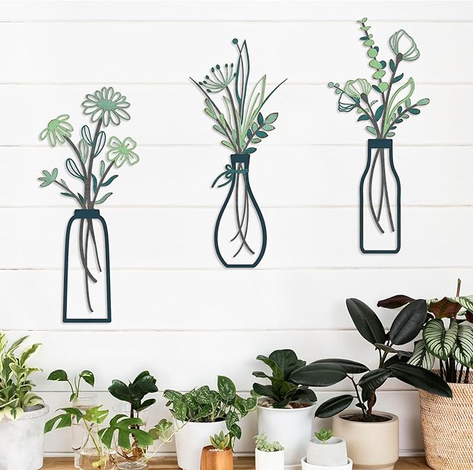 Pigort 3 Pieces Metal Flowers Wall Arts - Rustic Farmhouse Style Décor Metal Wall Art Minimalist Flower Natural Themed Wall Decors for Home Bedroom Dining Room Housewarming (Deep green)