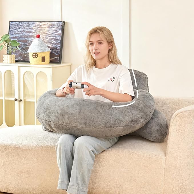 19" Reading Pillow for Bed,U Shaped Arm & Elbow Support,Gray Faux Fur | Backrest Supports Back,U Shaped Lap Pillow Cushions Arms,Elbows & Wrists,Plush Faux Fur for Reading,Gaming,Watching TV