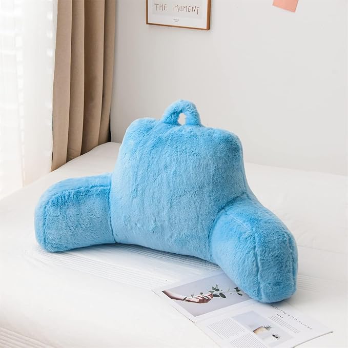 A Nice Night Faux Fur Reading Pillow Bed Wedge Adult Children Backrest with Arms Back Support for Sitting Up in Bed/Couch for Bedrest,Large Size,Babyblue