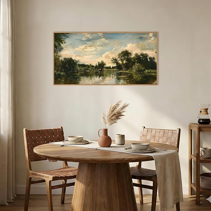 Vintage Landscape Framed Canvas Wall Art Set,Rustic Natural Green Trees and Lake Wall Decor,Classic Nature Scenic French Country Forest Artwork for Living Room,Bedroom,Farmhouse-40 x20 x1