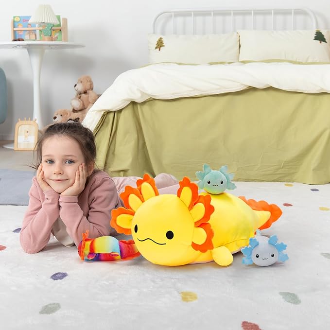 MaoGoLan 4Pcs Giant Axolotl Plush with 3 Babies Inside-23.5" Large Ultra Soft Axolotl Stuffed Animals Throw Pillow-Squishy Stuffed Axolotl Plush Collection Gift for Axolotl Lover,Kids,Teens,Yellow