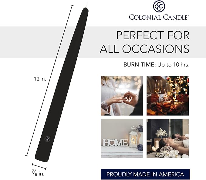 Colonial Candle Unscented Taper Candle, Handipt Collection, Black, 12 in, Pack of 12 - Up to 10 Hours Burn