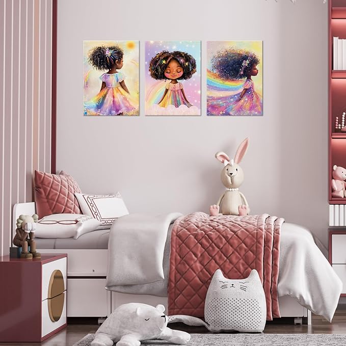 Black Girl Princess Wall Art, Rainbow Hair Girl Painting,Cute Afro Girls Art,Cute Black Girl Nursery Art,Whimsical Rainbow Art Print Set Poster,Black Kids Canvas Prints,Framed12 x 16inches X3piece