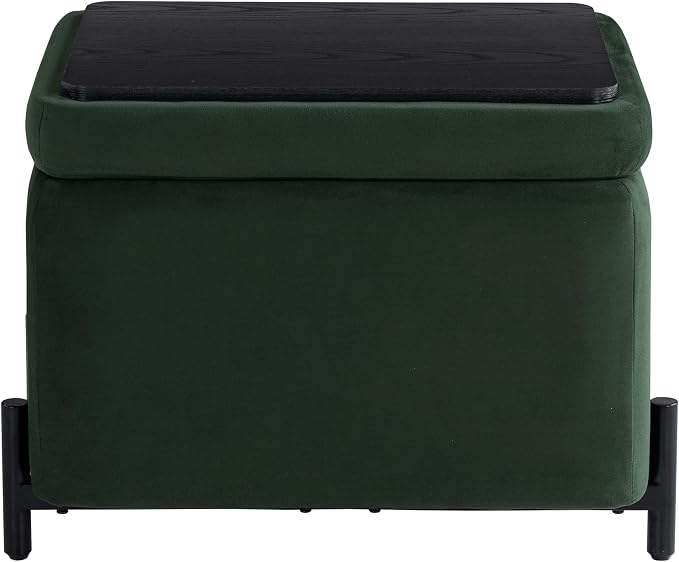 Studio Living Connor 24” Small Storage Ottoman with Reversible Tray Lid, Velvet Upholstered Footrest & Accent Bench, Hidden Storage, Metal Legs, Modern Boho Design, Green