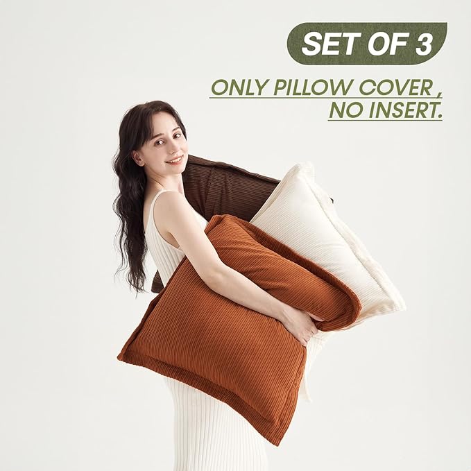 COCO TOP Set of 3 Vintage Big Pillow Covers 24x24inch, Super Soft Striped Corduroy Boho Large Cushion Cases, Ideal for Spacious Living Areas & Bedrooms & Farmhouse（Earthy Brown, Rust & Cream）